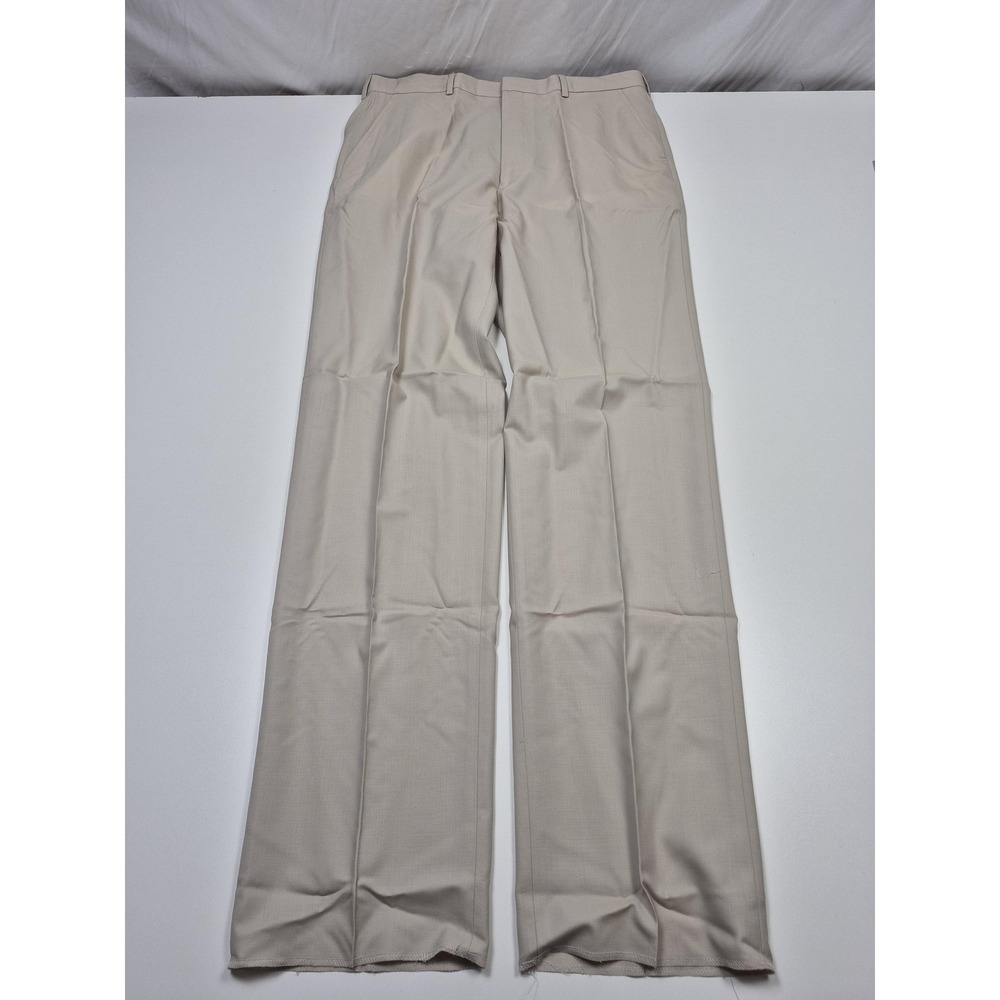 Majer Dress Pants Mens 36x36 Beige Wool 100s Stretch Flat Front Unhemmed NWT